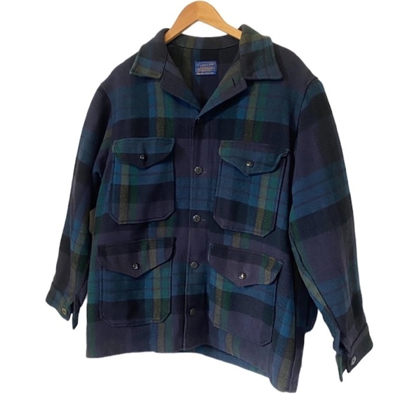 Vintage Pendleton Wool Mackinaw Cruiser Jacket Plaid Coat Blue Black Mens Large